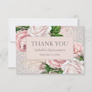 Quinceañera Pink Floral Silver Glitter Thank You