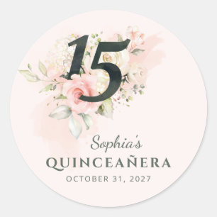 Quinceanera Pink Floral Watercolor 15th Birthday Classic Round Sticker