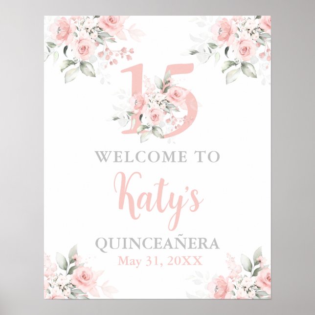 Quinceanera pink floral welcome sign (Front)