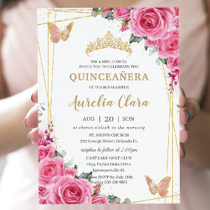 Quinceañera Pink Fuchsia Floral Gold Butterflies Invitation