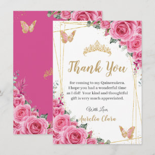 Quinceañera Pink Fuchsia Floral Gold Butterflies Thank You Card