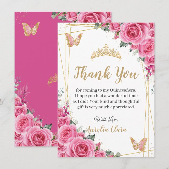 Quinceañera Pink Fuchsia Floral Gold Butterflies Thank You Card (Front/Back)