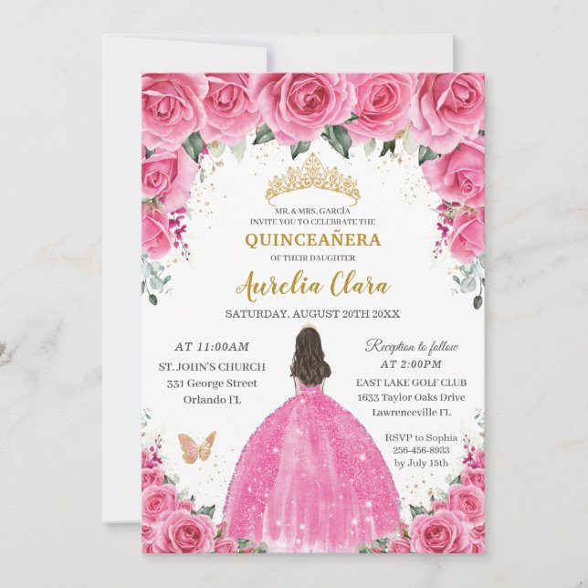 Quinceañera Pink Fuchsia Floral Princess Butterfly Invitation (Front)