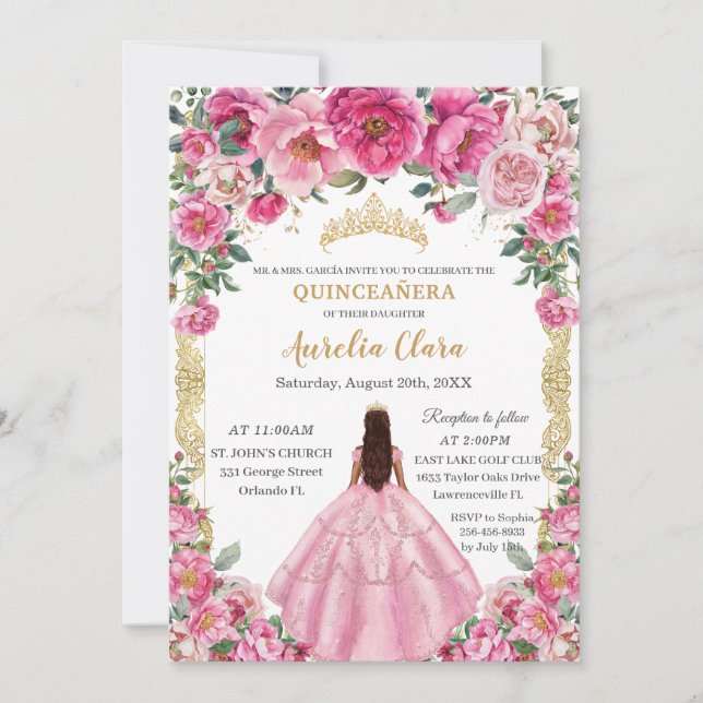 Quinceañera Pink Fuchsia Flowers Butterflies Crown Invitation (Front)