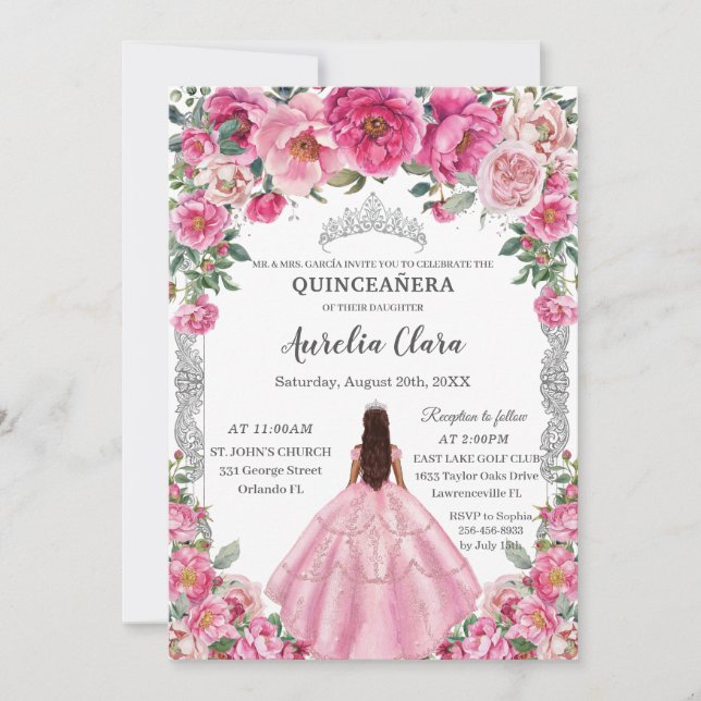 Quinceañera Pink Fuchsia Flowers Dress Gown Silver Invitation (Front)