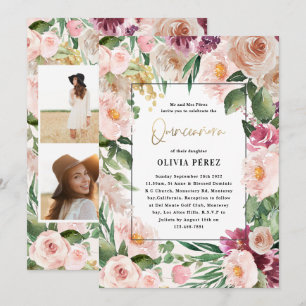 Quinceañera Pink girly floral 4 photo birthday Invitation