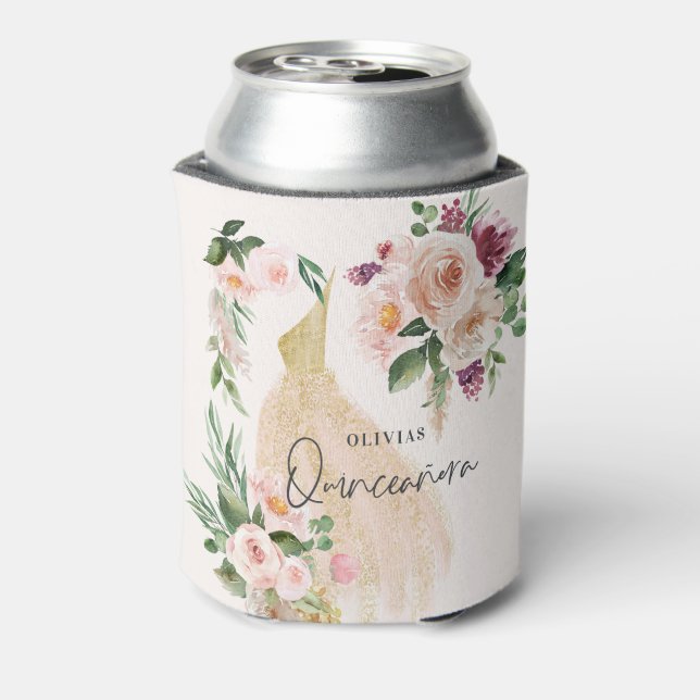 Quinceañera Pink girly floral dress birthday  Can Cooler (Can Back)