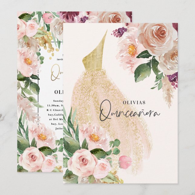Quinceañera Pink girly floral dress birthday  Invi Invitation (Front/Back)