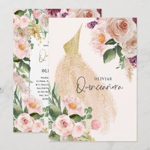 Quinceañera Pink girly floral dress birthday  Invi Invitation