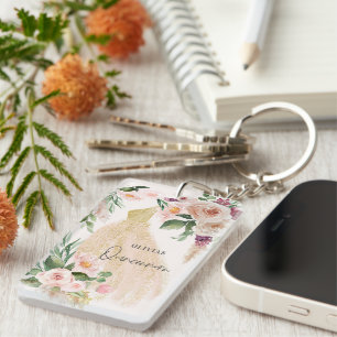 Quinceañera Pink girly floral dress birthday  Key Ring