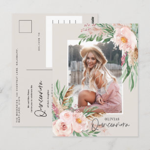 Quinceañera Pink girly floral photo birthday Invit Postcard