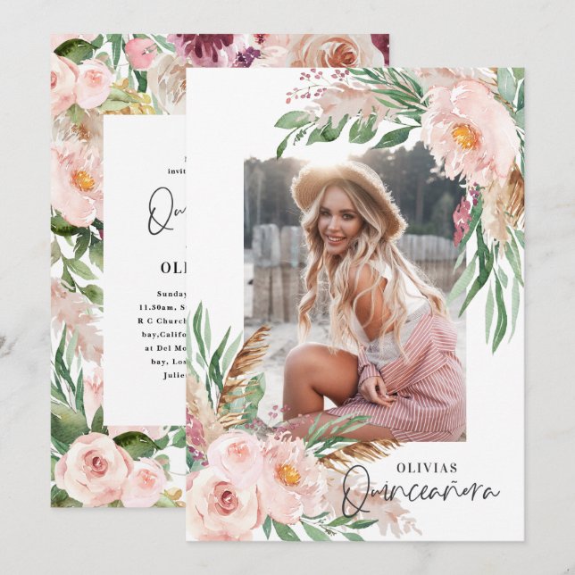 Quinceañera Pink girly floral photo birthday Invitation (Front/Back)