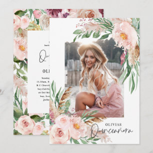 Quinceañera Pink girly floral photo birthday Invitation