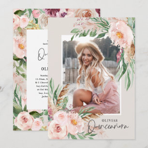 Quinceañera Pink girly floral photo birthday Invitation