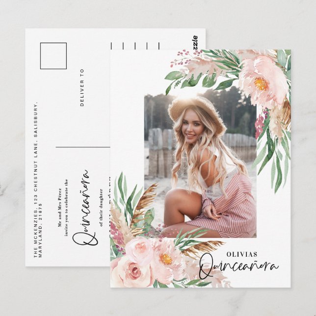 Quinceañera Pink girly floral photo birthday Postcard (Front/Back)