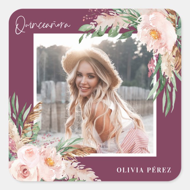 Quinceañera Pink girly floral photo birthday Squar Square Sticker (Front)