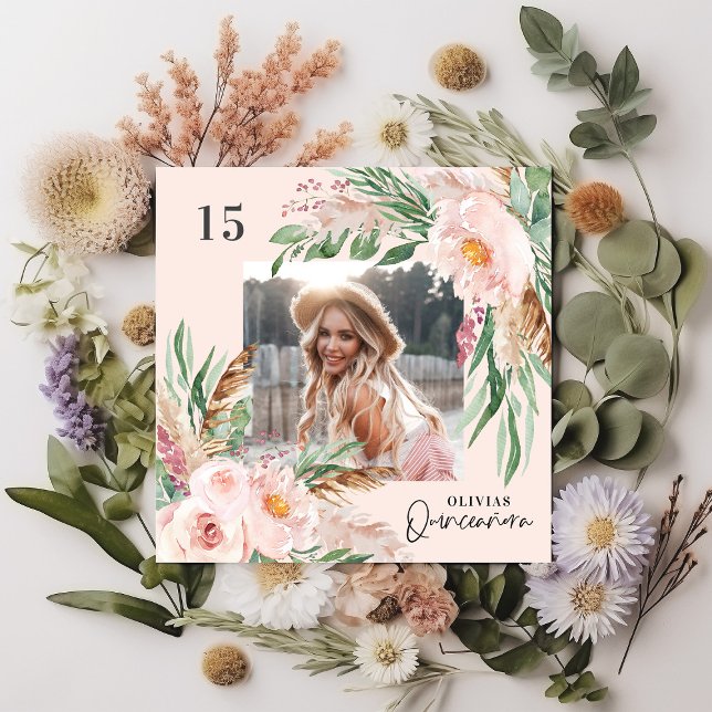 Quinceañera pink girly floral photo pampas elegant invitation (Creator Uploaded)