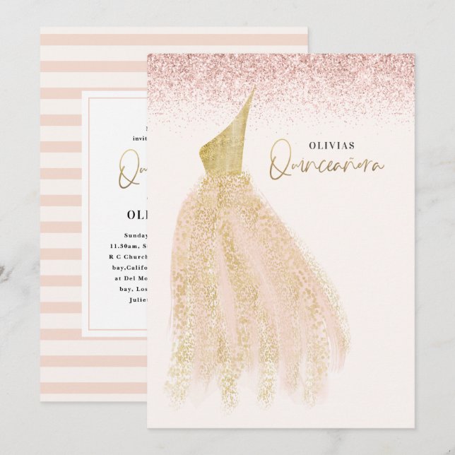 Quinceañera Pink girly glitter dress birthday Invitation (Front/Back)