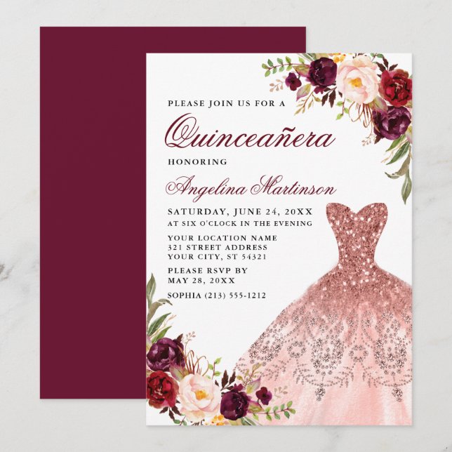 Quinceanera Pink Glitter Dress Burgundy Floral Invitation (Front/Back)