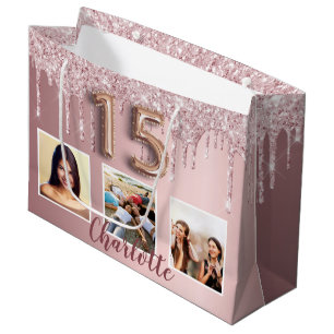 Quinceanera pink glitter drips photo monogram 15th large gift bag