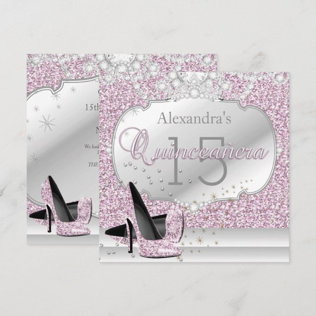Quinceanera Pink Glitter Glamour 15 Birthday Party Invitation (Front/Back)