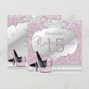 Quinceanera Pink Glitter Glamour 15 Birthday Party Invitation