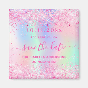 Quinceanera pink glitter save the date magnet