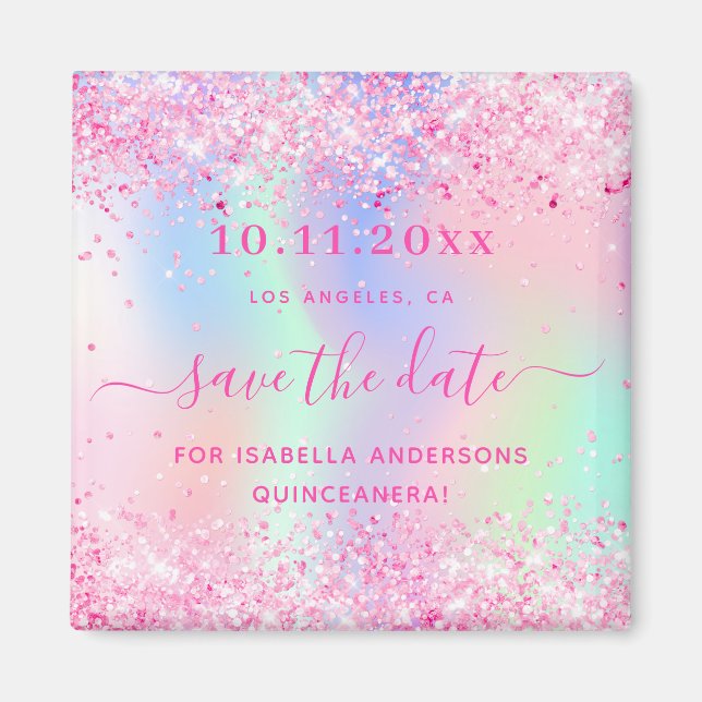 Quinceanera pink glitter save the date magnet (Front)