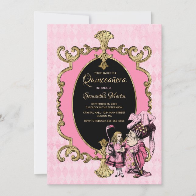 Quinceanera Pink Gold Alice In Wonderland Party Invitation (Front)