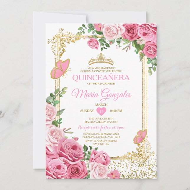 Quinceañera Pink Gold Crown Butterfly 15 Anos Invitation (Front)
