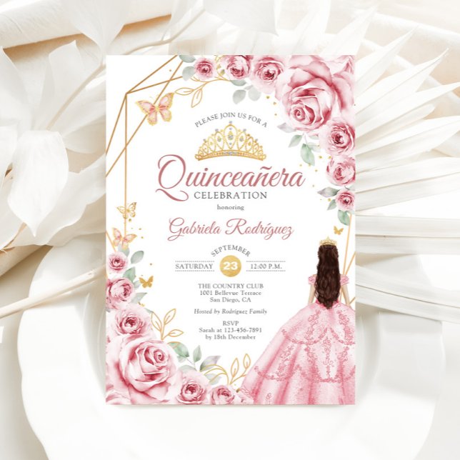 Quinceanera Pink Gold Dress Floral Invitation (Creator Uploaded)