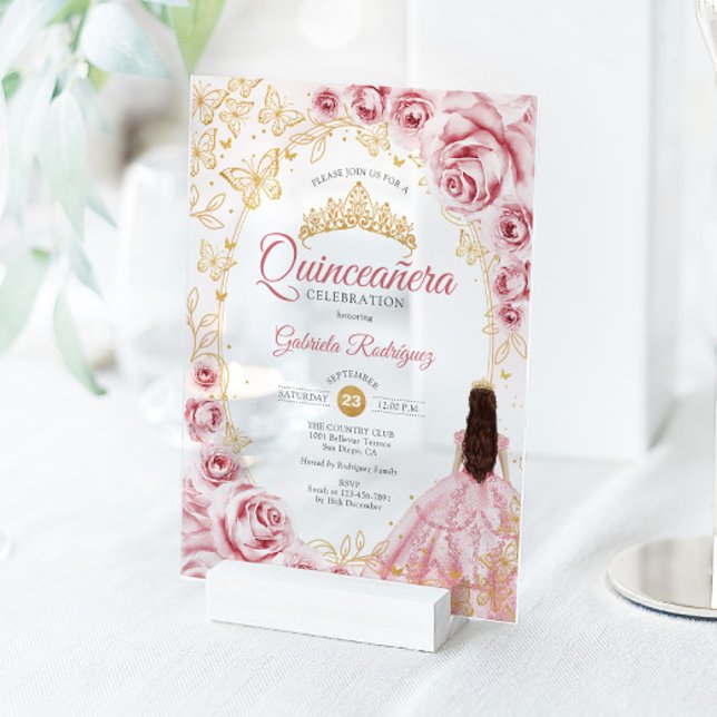 Quinceanera Pink Gold Floral Acrylic Invitations (Creator Uploaded)