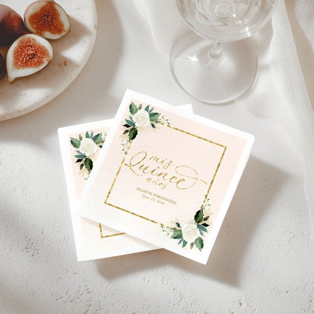 Quinceanera Pink Gold Foil Floral Napkins (Creator Uploaded)