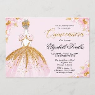 Quinceanera pink gold glitter dress invitation