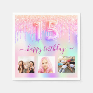 Quinceanera pink holographic drips napkin