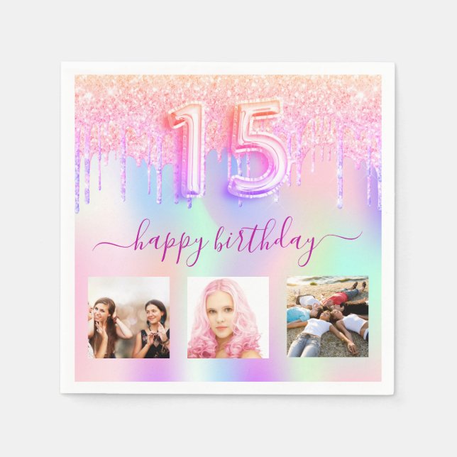 Quinceanera pink holographic drips napkin (Front)