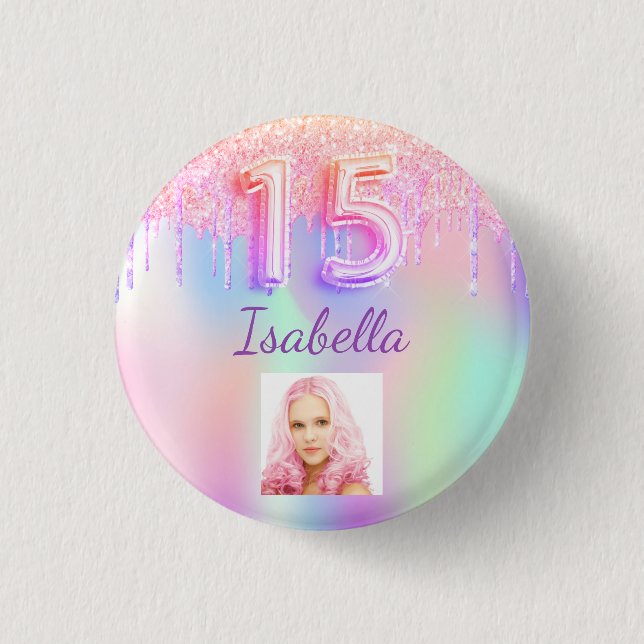 Quinceanera pink holographic name photo 3 cm round badge (Front)