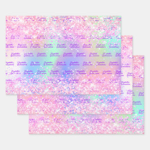 Quinceanera pink holographic name wrapping paper sheet