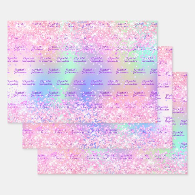 Quinceanera pink holographic name wrapping paper sheet (Set)