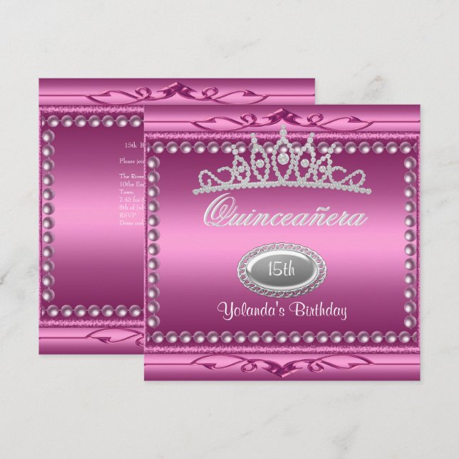 Quinceanera Pink Jewel Tiara Pearl 15th Birthday Invitation (Front/Back)