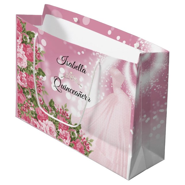 Quinceañera  Pink Mauve Gown and Flowers Large Gift Bag (Front Angled)