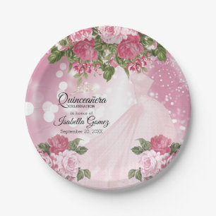 Quinceañera Pink Mauve Gown and Flowers Paper Plate