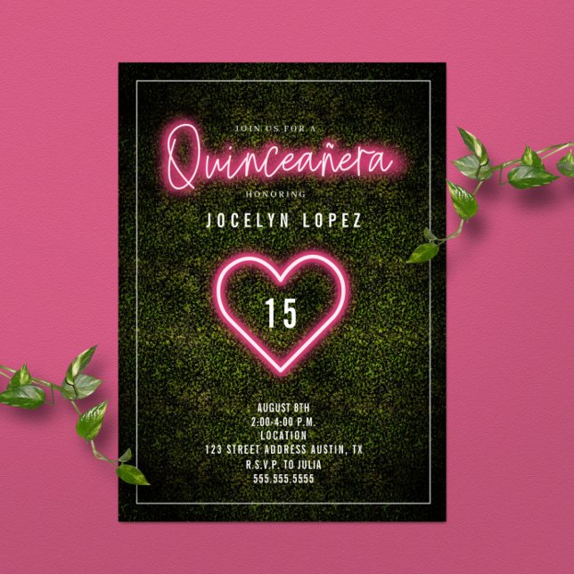 Quinceañera Pink Neon Lights Boxwood Heart Invitation (Creator Uploaded)
