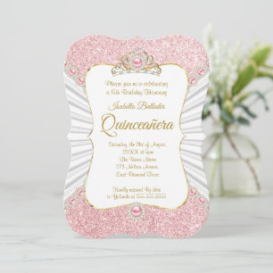 Quinceanera Pink Pearls Gold tiara birthday Party Invitation