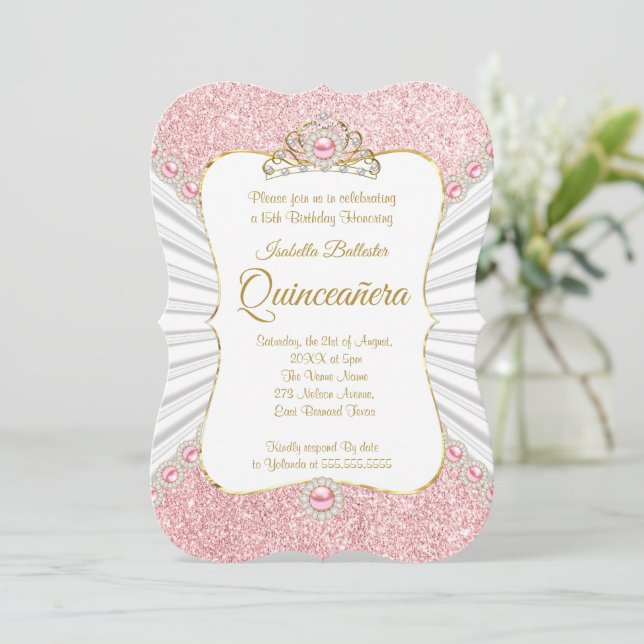 Quinceanera Pink Pearls Gold tiara birthday Party Invitation (Standing Front)