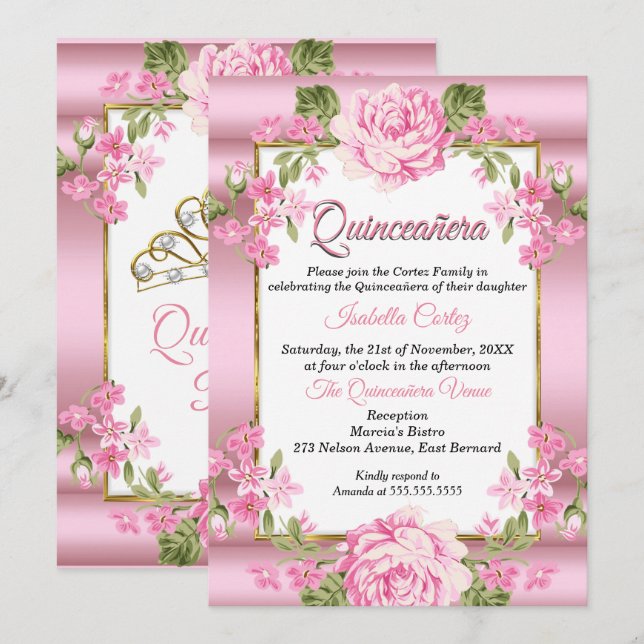 Quinceanera Pink Pretty Country Floral Gold Invitation (Front/Back)