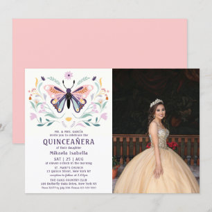 Quinceañera Pink Purple Butterfly Photo Floral Invitation