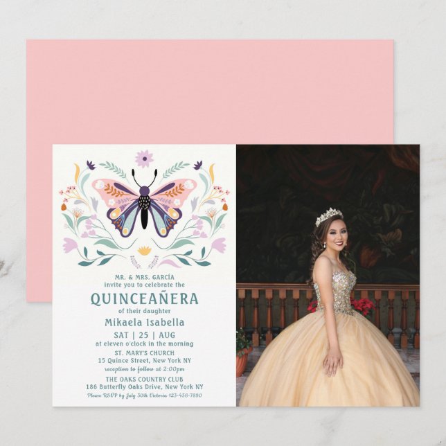 Quinceañera Pink Purple Butterfly Photo Floral Invitation (Front/Back)