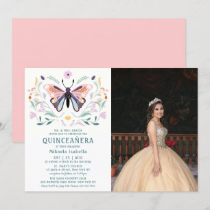 Quinceañera Pink Purple Butterfly Photo Floral Invitation