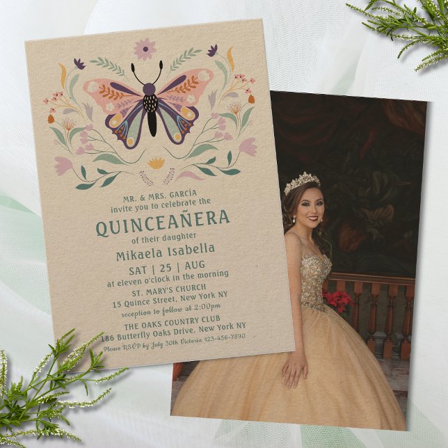 Quinceañera Pink Purple Butterfly Photo Floral Invitation (Creator Uploaded)